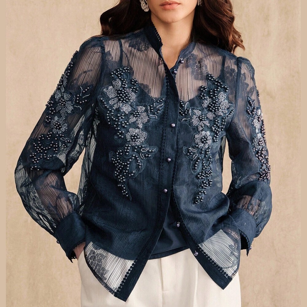 Navy Sheer Beaded Floral Applique Stand Collar Button Front Blouse